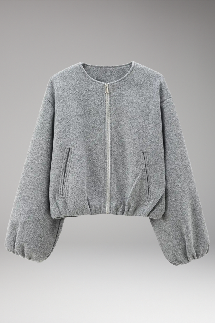 Women's Short Bomber Jacket with Front Zipper and Long Sleeves