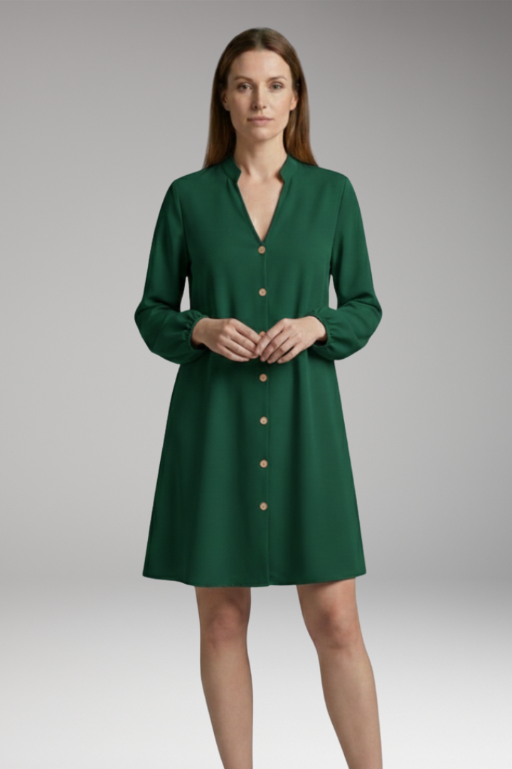 Women's Short Dress with Button Placket and Puff Sleeves