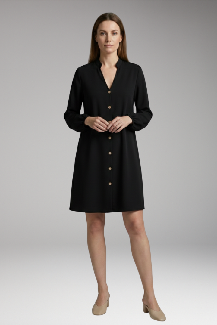 Women's Short Dress with Button Placket and Puff Sleeves
