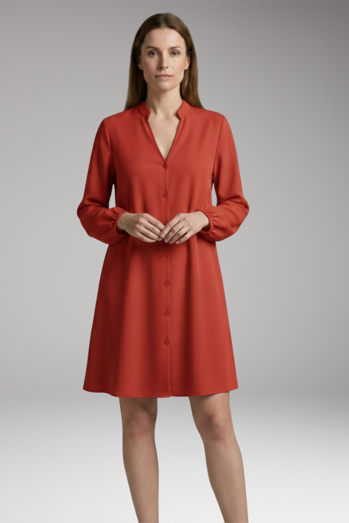 Women's Short Dress with Button Placket and Puff Sleeves