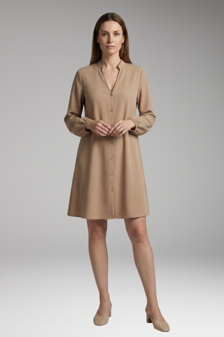 Women's Short Dress with Button Placket and Puff Sleeves