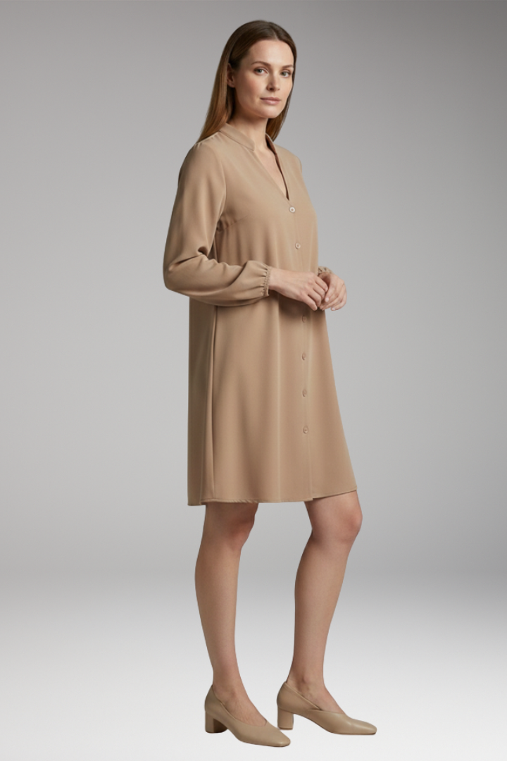 Women's Short Dress with Button Placket and Puff Sleeves