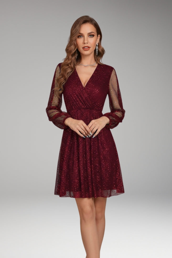 Women's Short Dress with Sequin Design and Transparent Sleeves