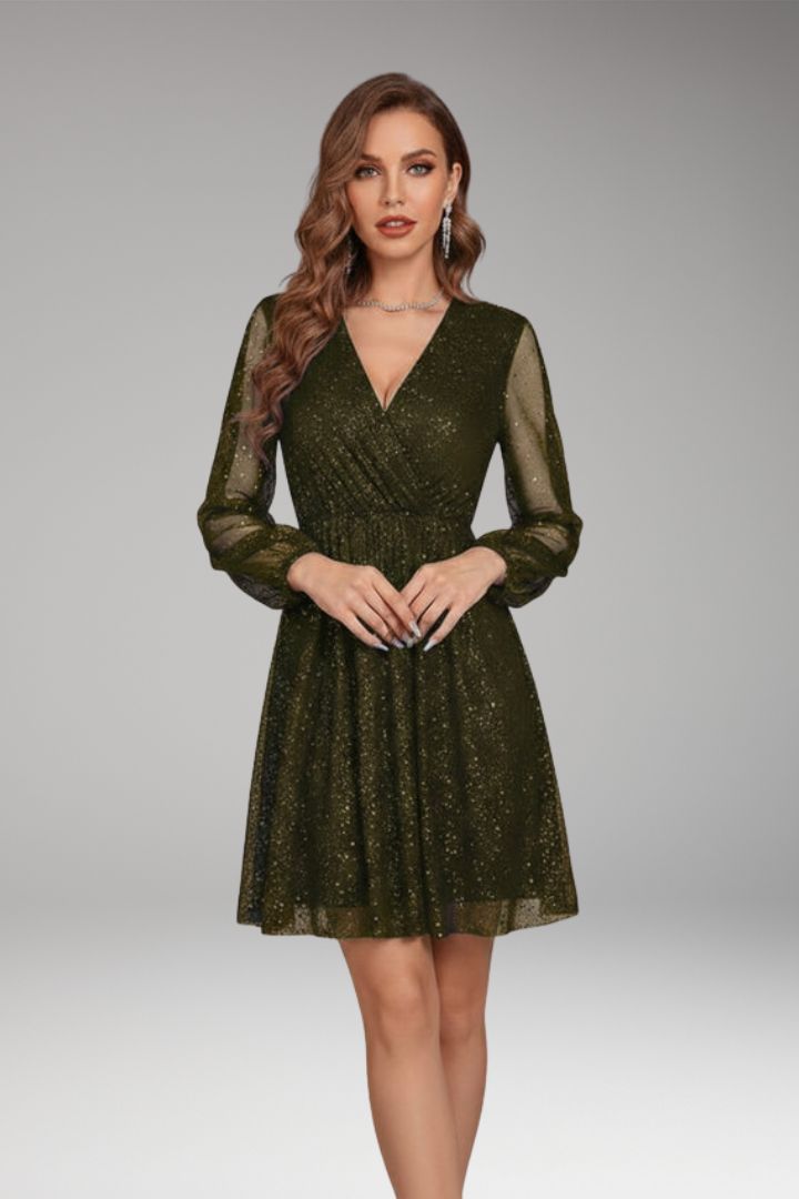 Women's Short Dress with Sequin Design and Transparent Sleeves
