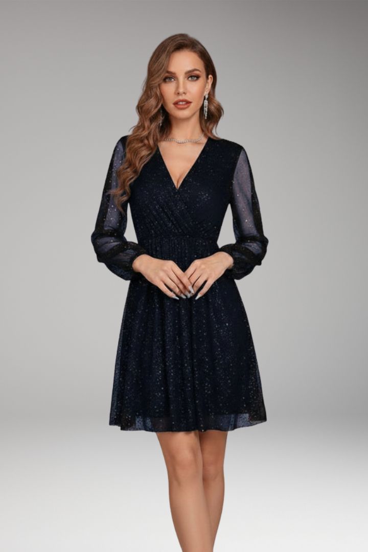 Women's Short Dress with Sequin Design and Transparent Sleeves