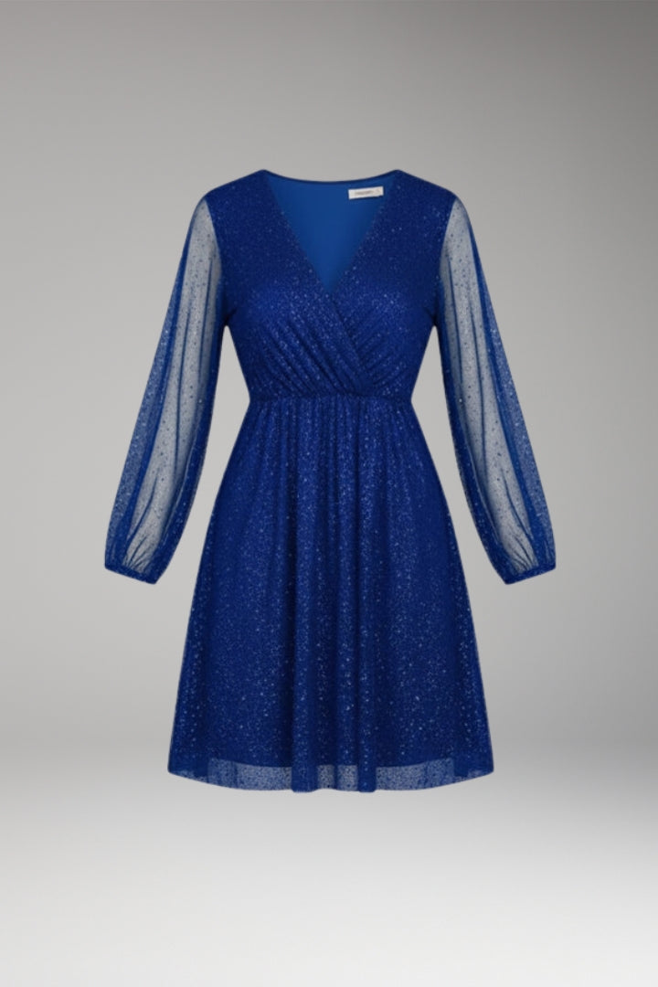 Women's Short Dress with Sequin Design and Transparent Sleeves