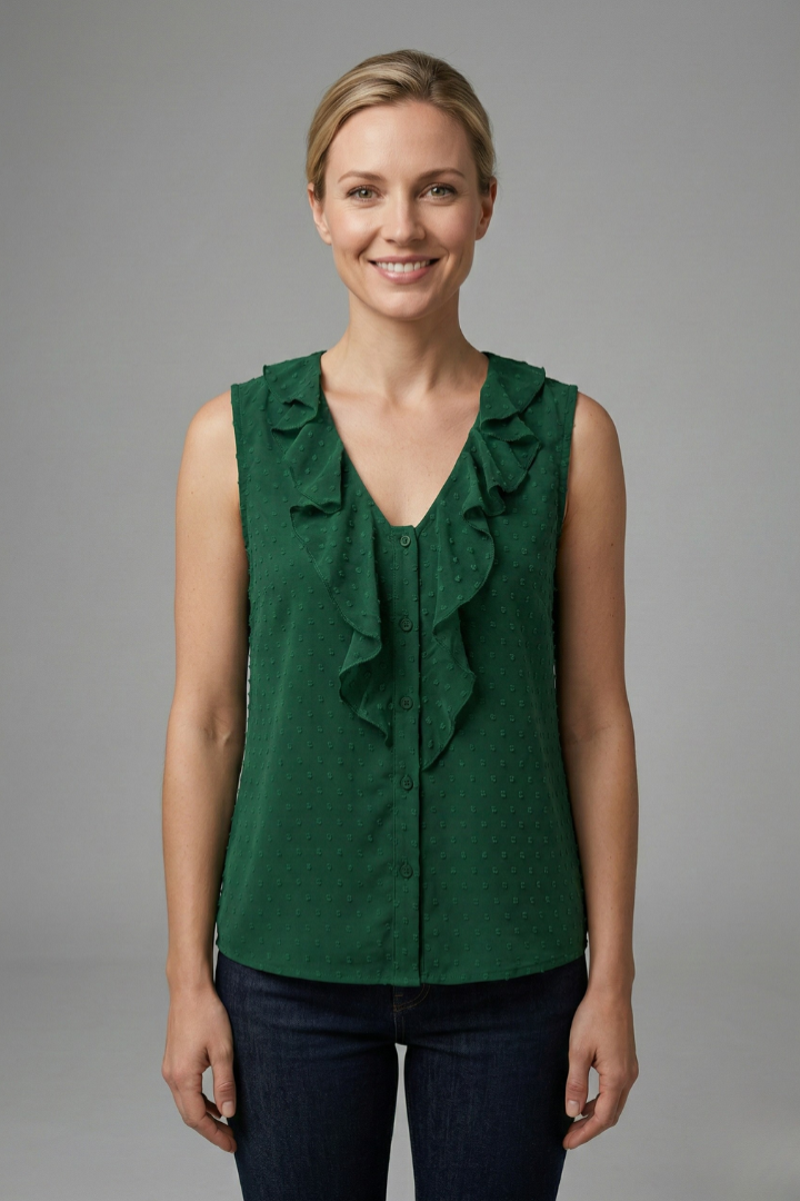Women's Sleeveless Blouse with V-Neck and Ruffle Trim