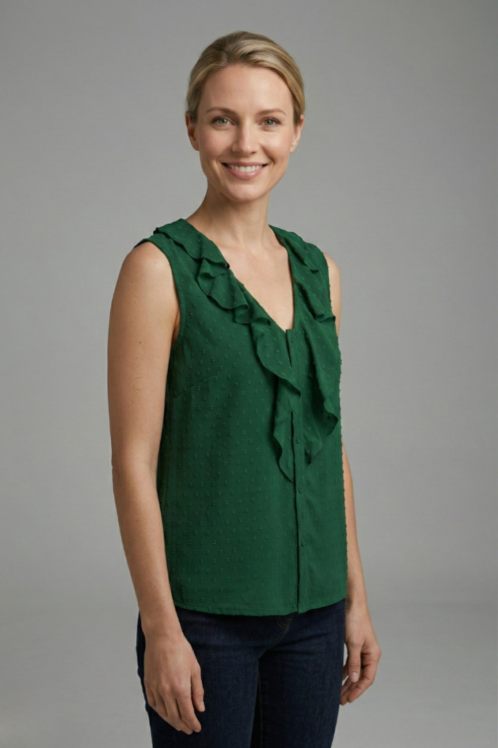 Women's Sleeveless Blouse with V-Neck and Ruffle Trim