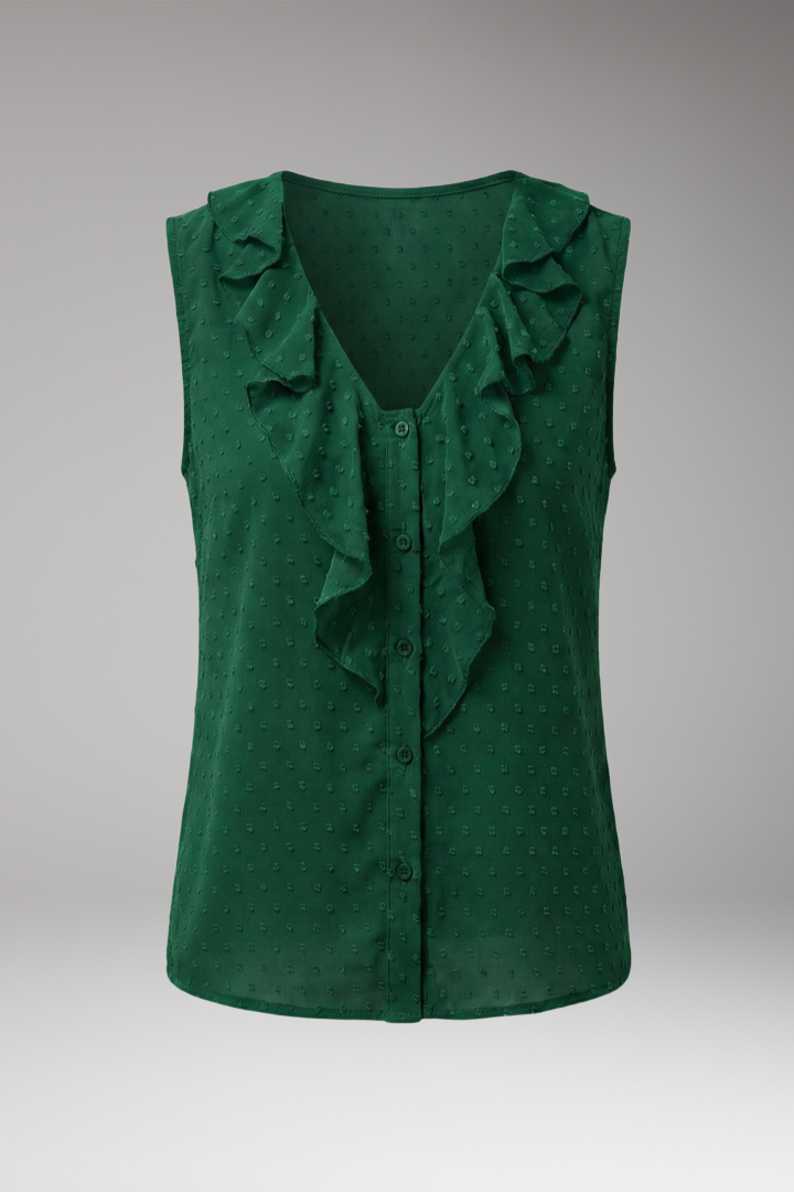 Women's Sleeveless Blouse with V-Neck and Ruffle Trim