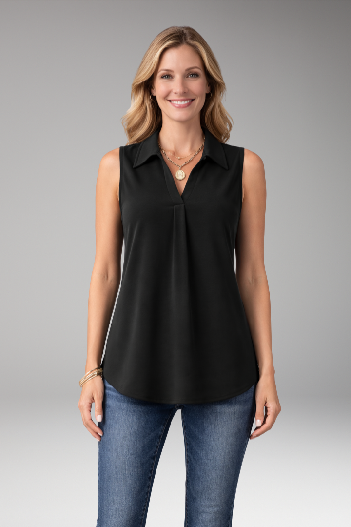 Women's Sleeveless Blouse with V-Neckline and Collar Detail