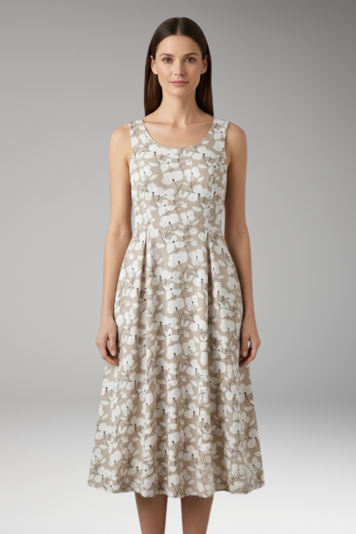 Women's Sleeveless Dress with Round Neck and Floral Pattern