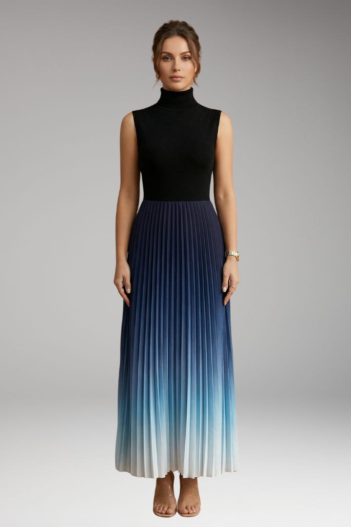 Women's Sleeveless Evening Maxi Dress with Ombre Design and Pleated Skirt