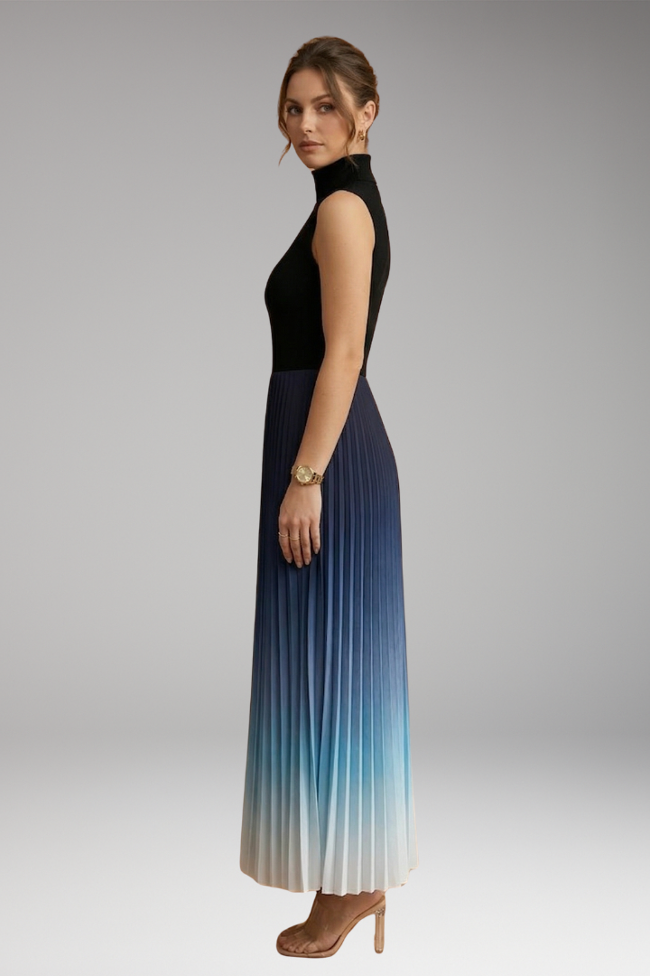Women's Sleeveless Evening Maxi Dress with Ombre Design and Pleated Skirt