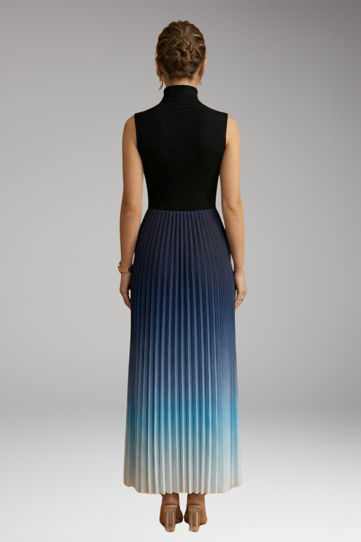 Women's Sleeveless Evening Maxi Dress with Ombre Design and Pleated Skirt
