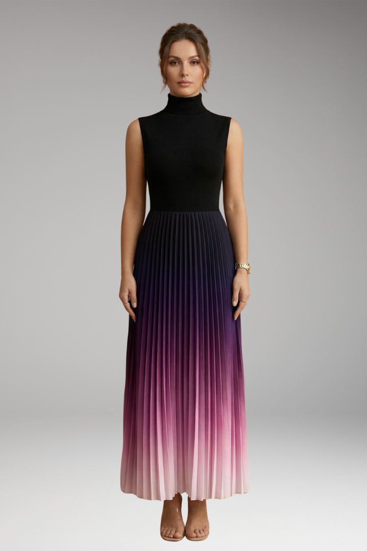 Women's Sleeveless Evening Maxi Dress with Ombre Design and Pleated Skirt
