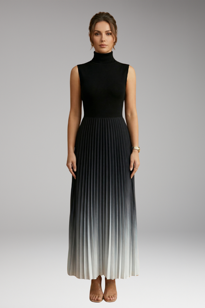 Women's Sleeveless Evening Maxi Dress with Ombre Design and Pleated Skirt