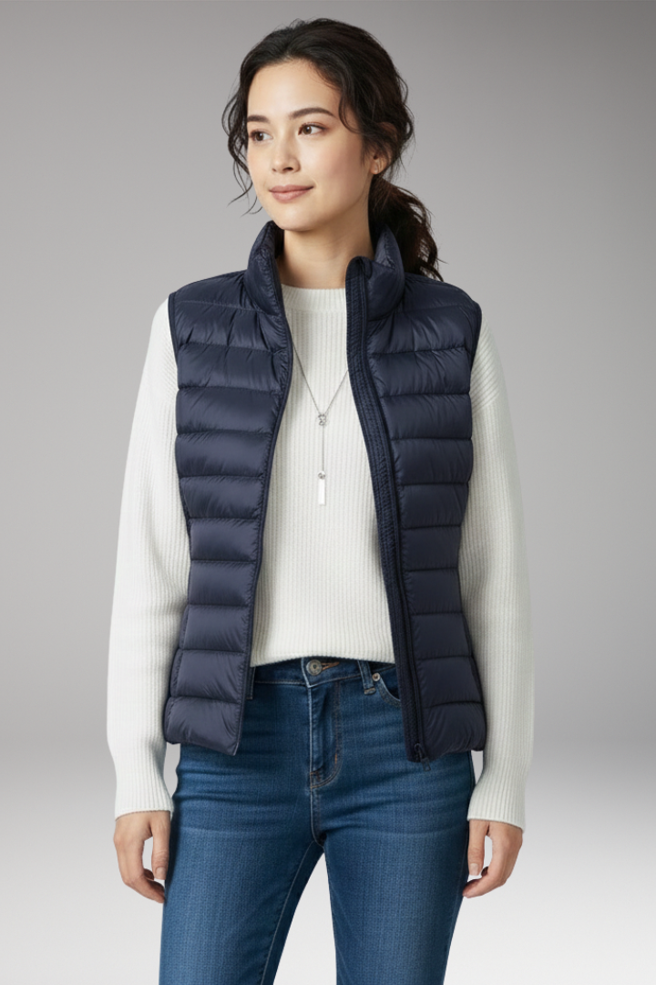 Women's Sleeveless Jacket with Stand-Up Collar and Quilted Design