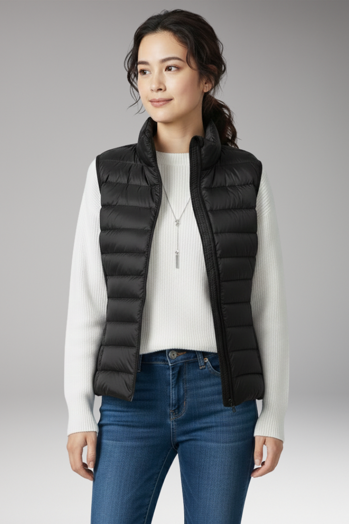 Women's Sleeveless Jacket with Stand-Up Collar and Quilted Design