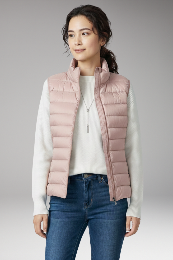 Women's Sleeveless Jacket with Stand-Up Collar and Quilted Design