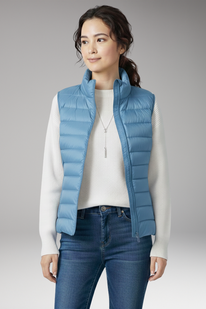 Women's Sleeveless Jacket with Stand-Up Collar and Quilted Design