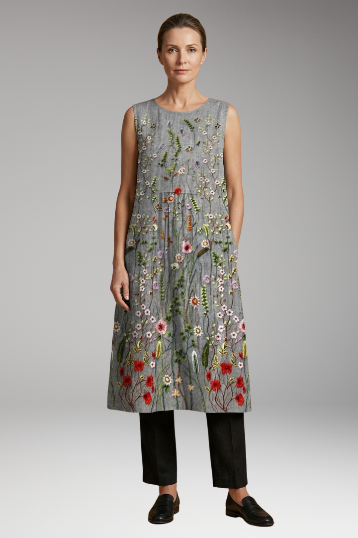 Women's Sleeveless Midi Dress with Linen Blend Fabric