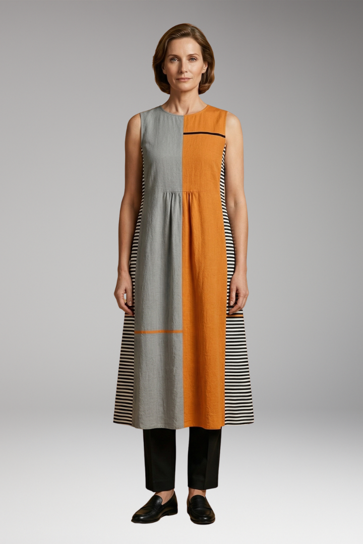 Women's Sleeveless Midi Dress with Linen Blend