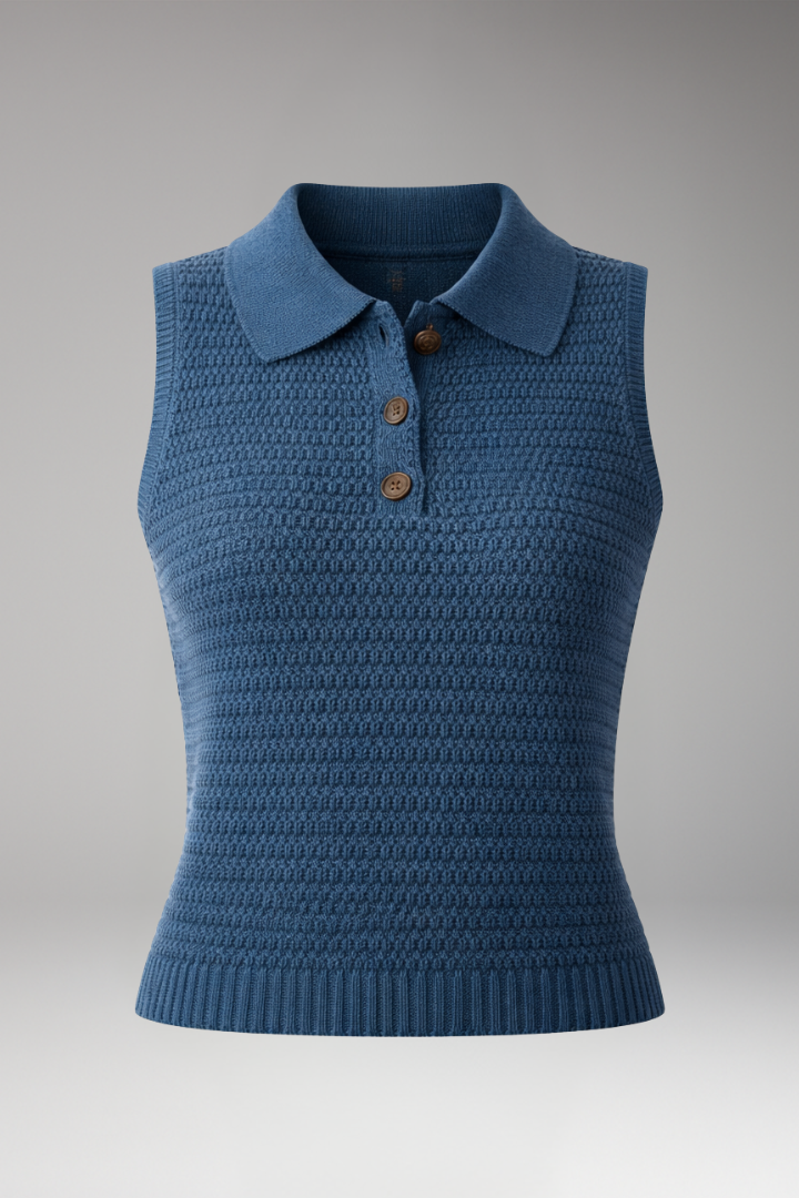 Women's Sleeveless Polo Top with Button Placket and Textured Surface