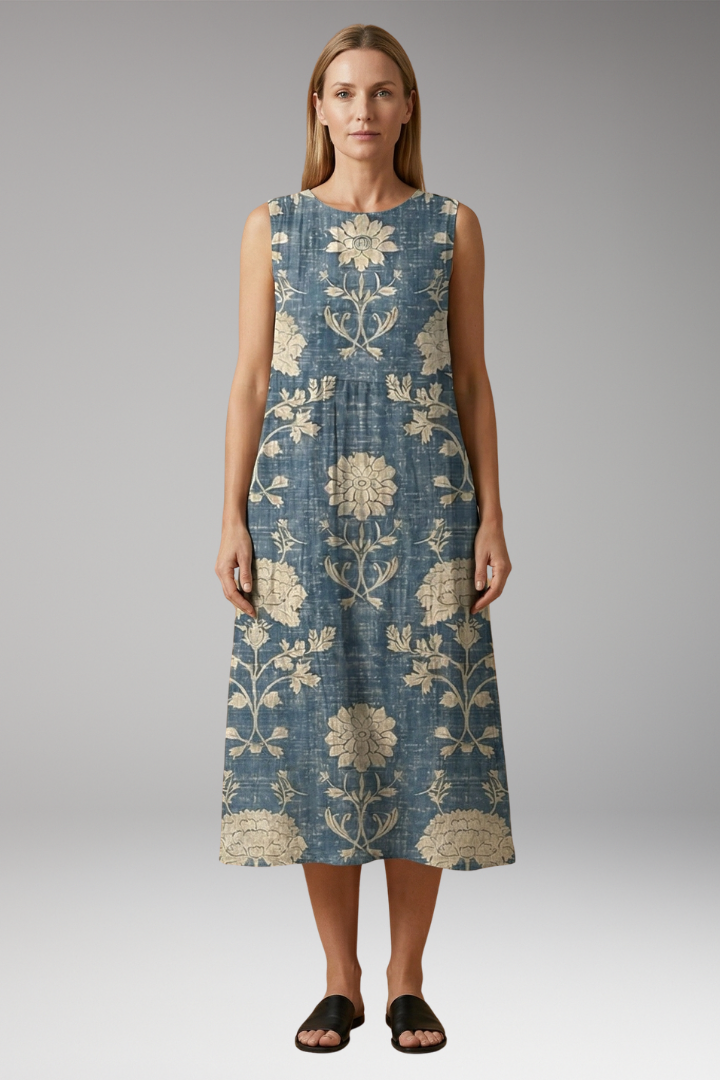 Women's Sleeveless Summer Midi Dress with Linen Blend and Loose Fit