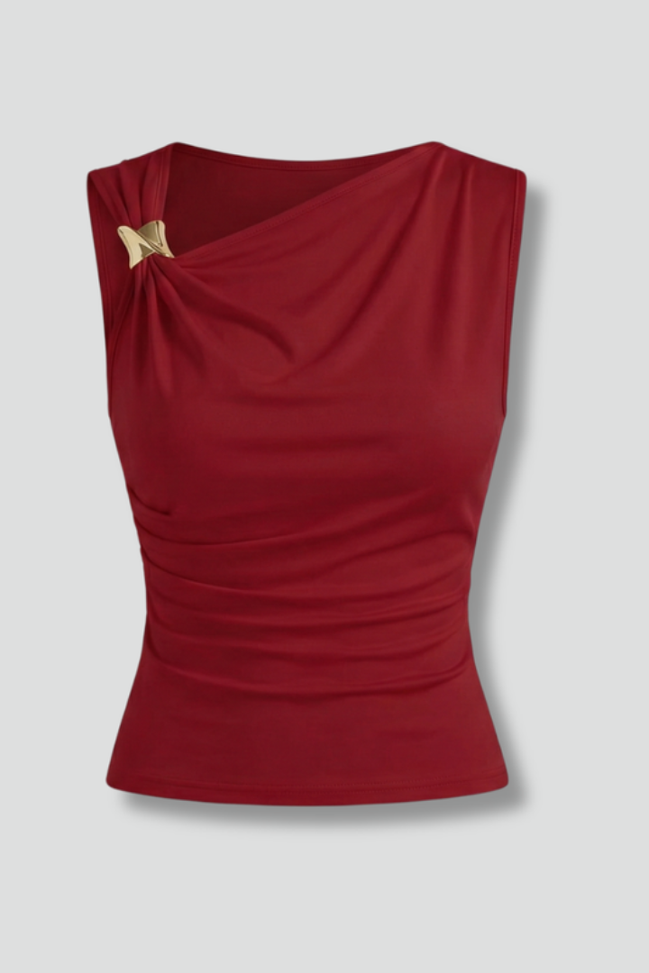 Women's Sleeveless Top with Asymmetrical Neck and Draped Surface