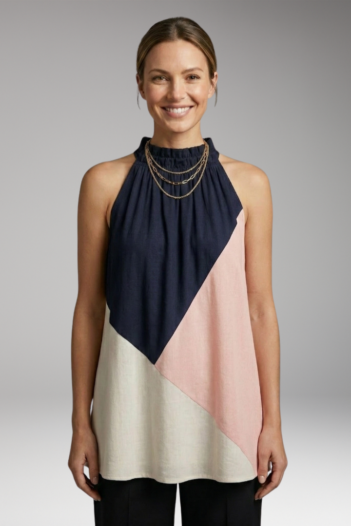 Women's Sleeveless Top with Halter Neck and Color-Block