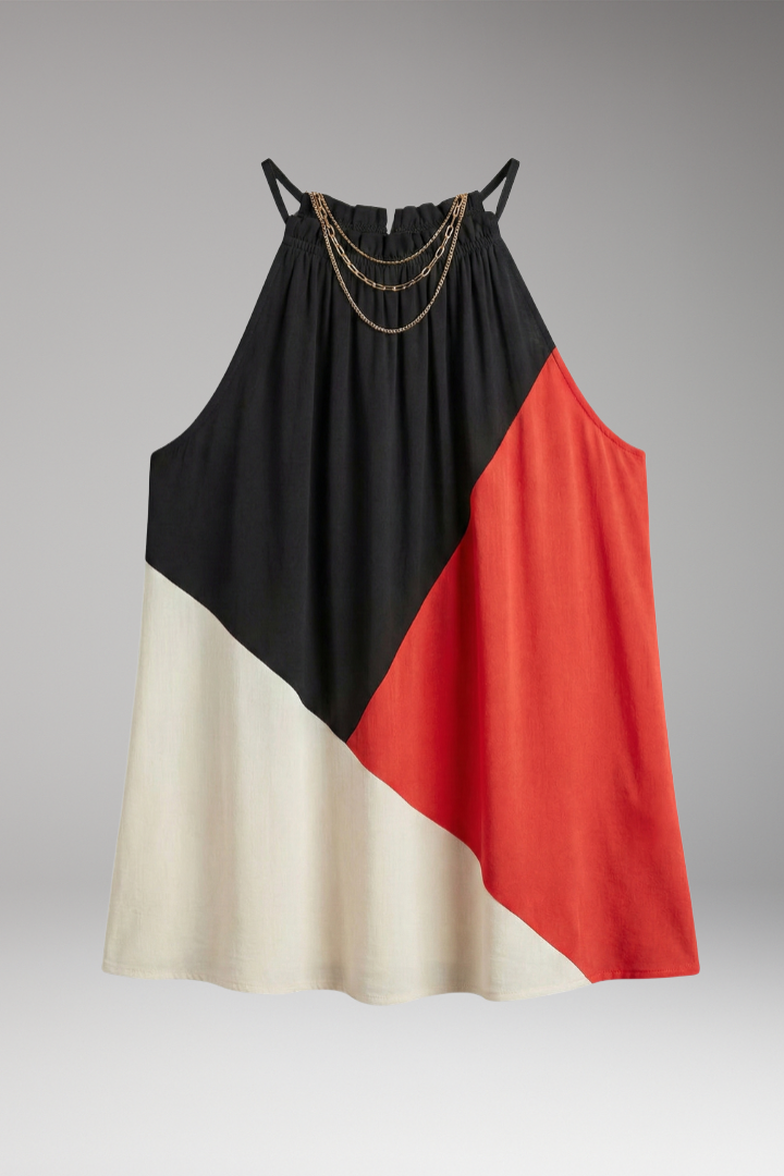 Women's Sleeveless Top with Halter Neck and Color-Block