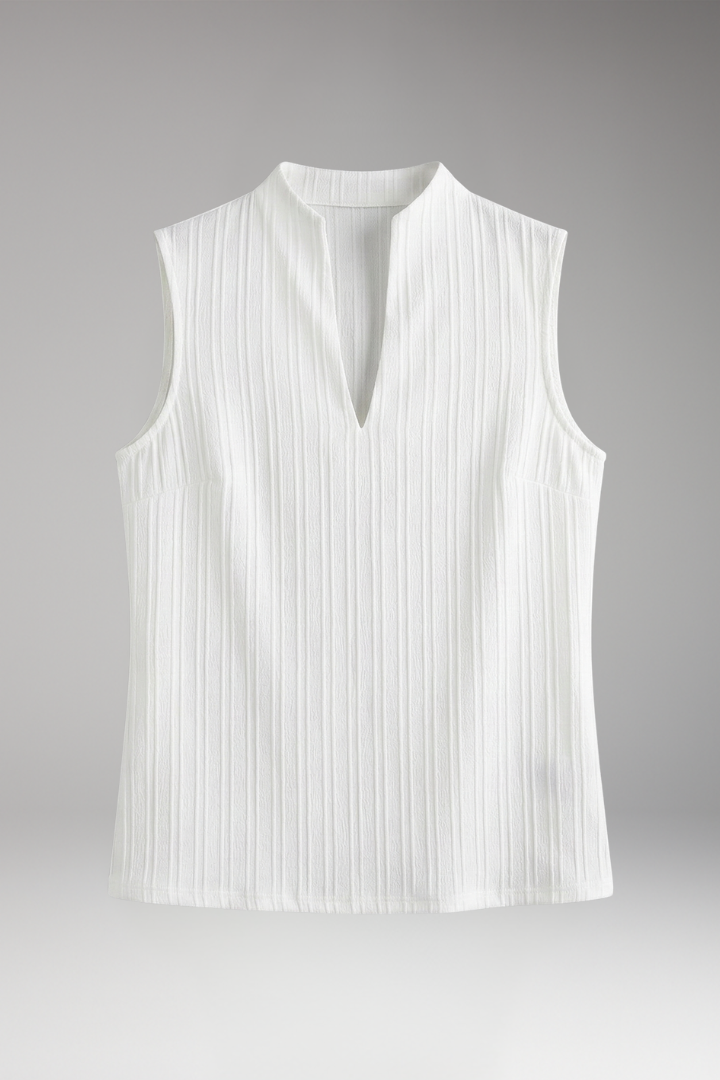 Women's Sleeveless Top with Stand Collar and Pleated Surface