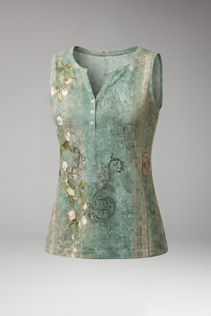 Women's Sleeveless Top with V-Neck and Button Front