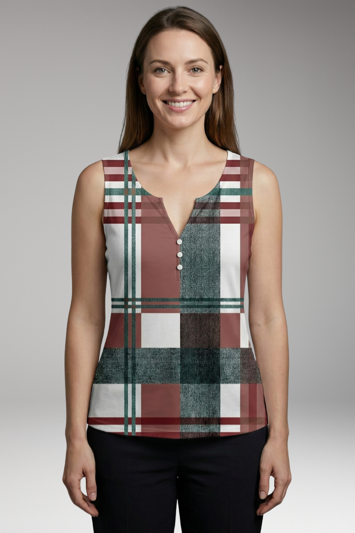 Women's Sleeveless Top with V-Neck and Front Buttons
