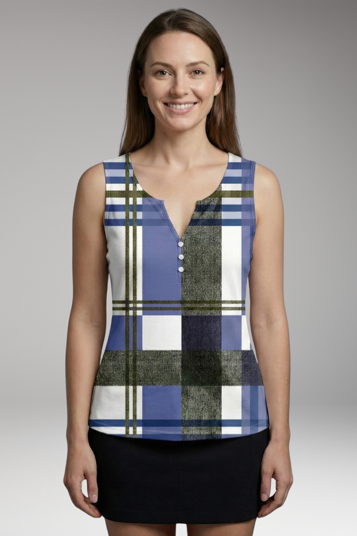 Women's Sleeveless Top with V-Neck and Front Buttons