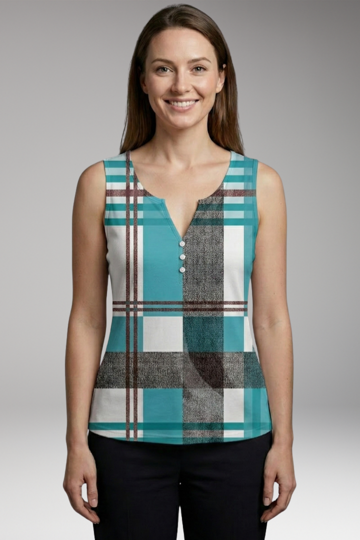 Women's Sleeveless Top with V-Neck and Front Buttons
