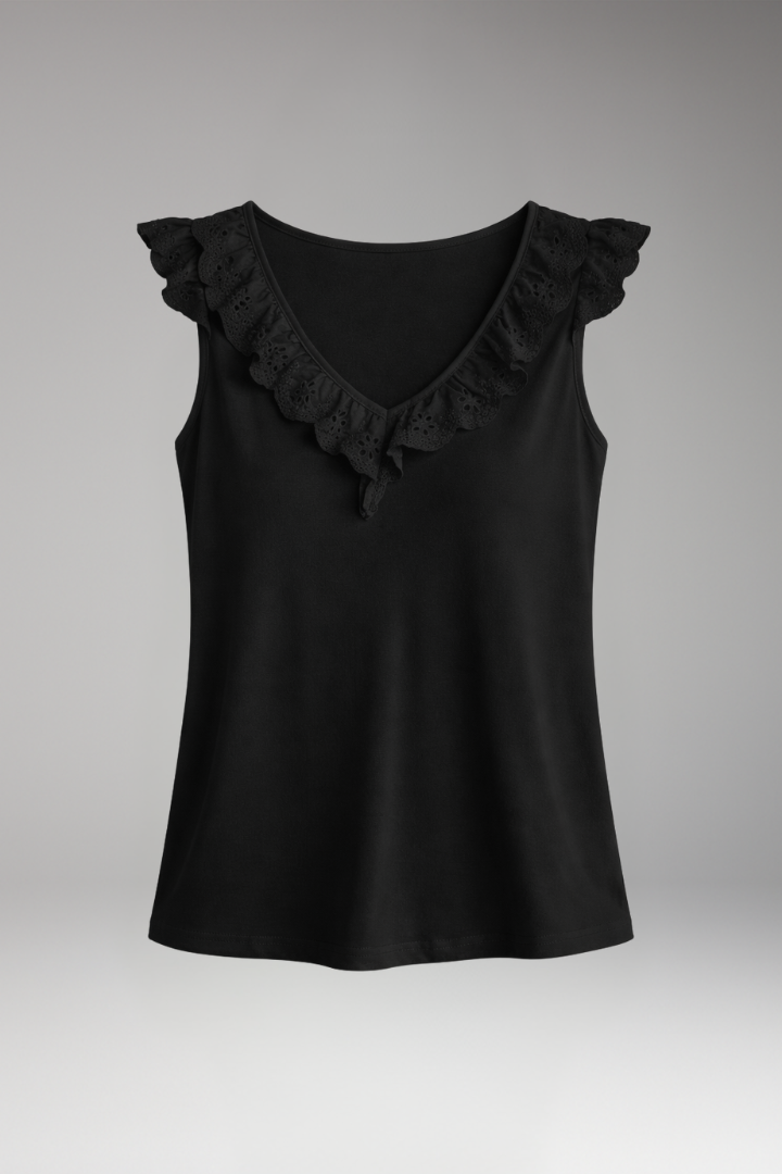 Women's Sleeveless Top with V-Neck and Lace Trim
