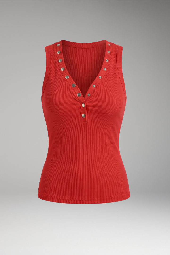 Women's Sleeveless Top with V-Neck and Snap Buttons