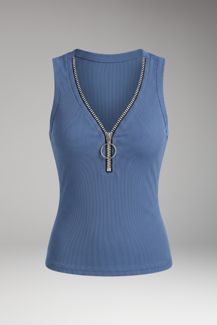 Women's Sleeveless Top with V-Neck and Zipper Closure