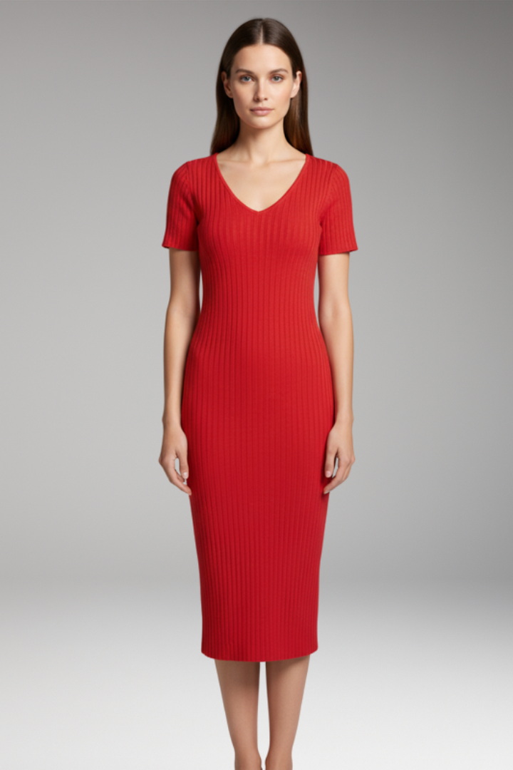 Women's Slim Fitting Ribbed Dress with a Tailored Look and Figure Enhancing Fit