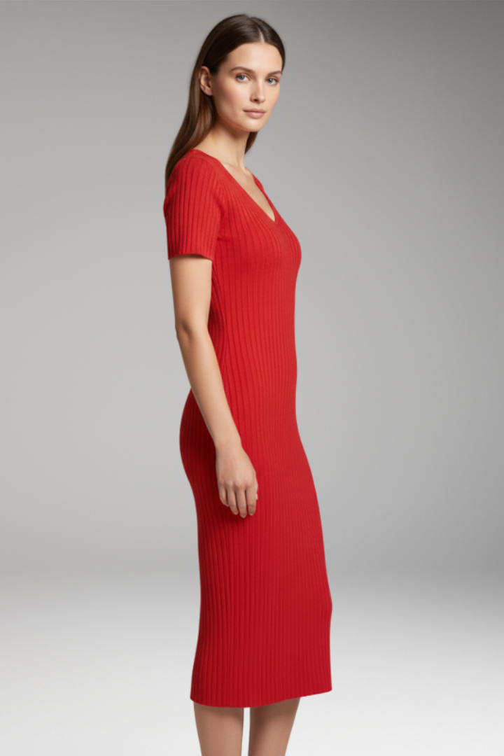 Women's Slim Fitting Ribbed Dress with a Tailored Look and Figure Enhancing Fit