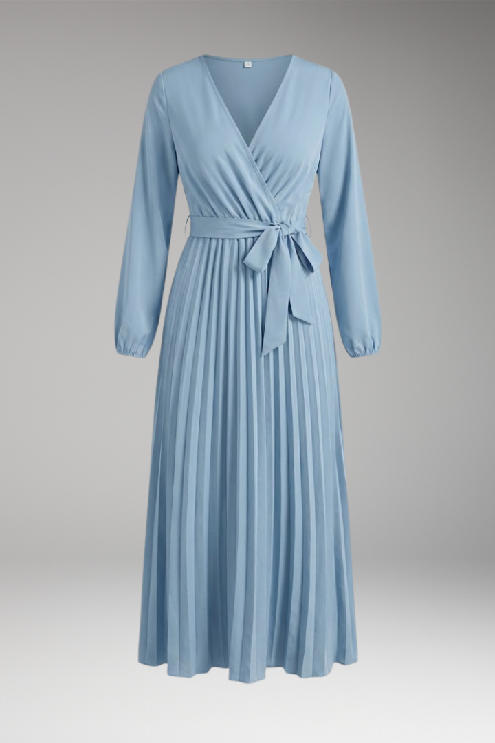 Women's Solid-Colored Dress with Stand-Up Collar and Pleated Belt