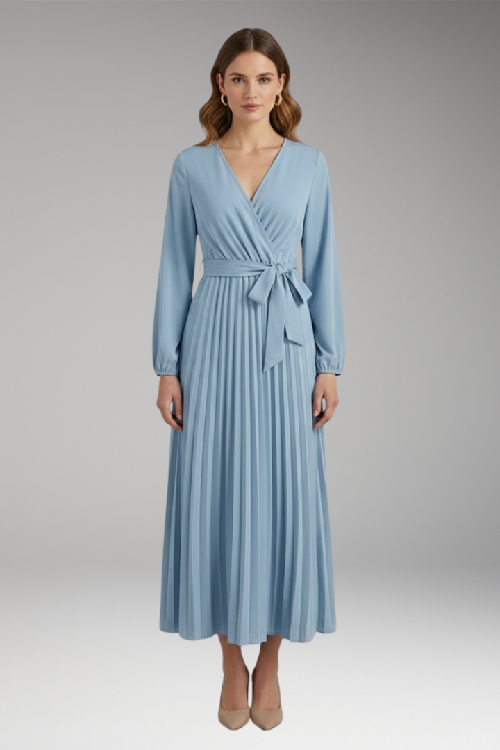 Women's Solid-Colored Dress with Stand-Up Collar and Pleated Belt