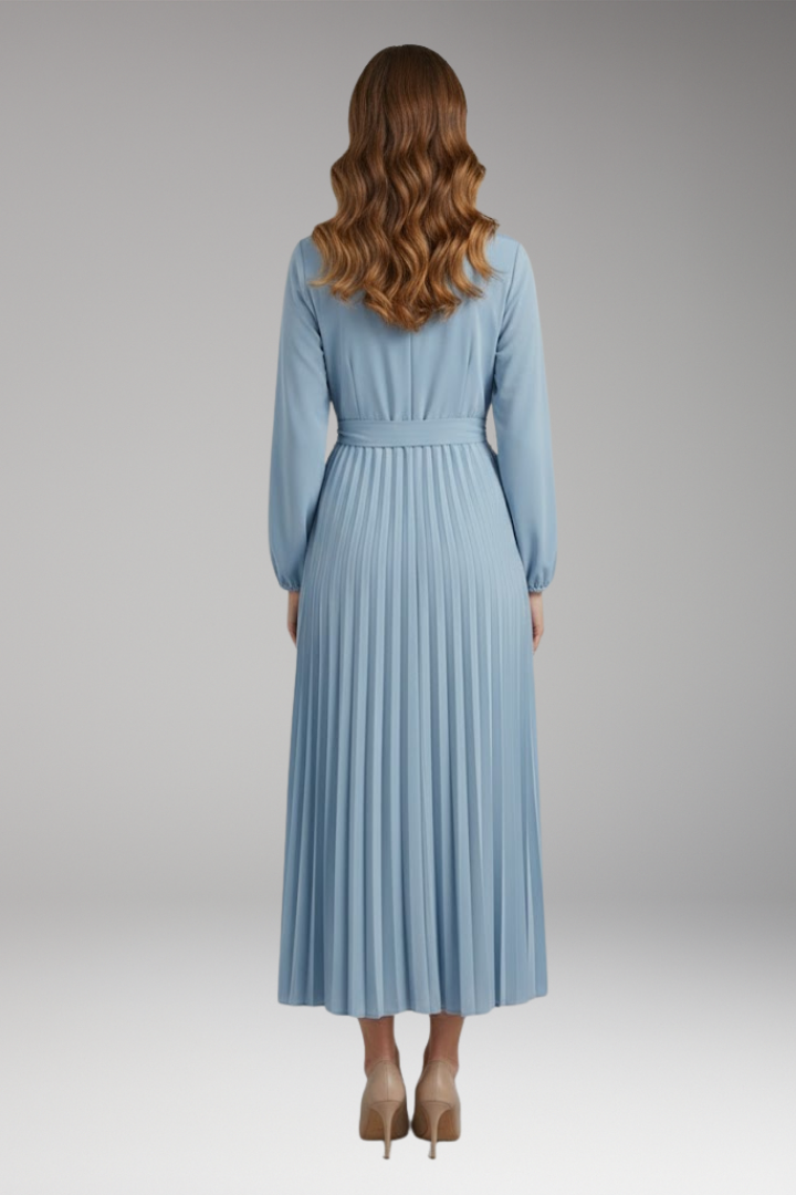 Women's Solid-Colored Dress with Stand-Up Collar and Pleated Belt