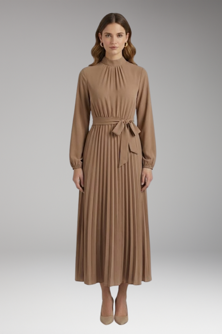 Women's Solid-Colored Dress with Stand-Up Collar and Pleated Belt