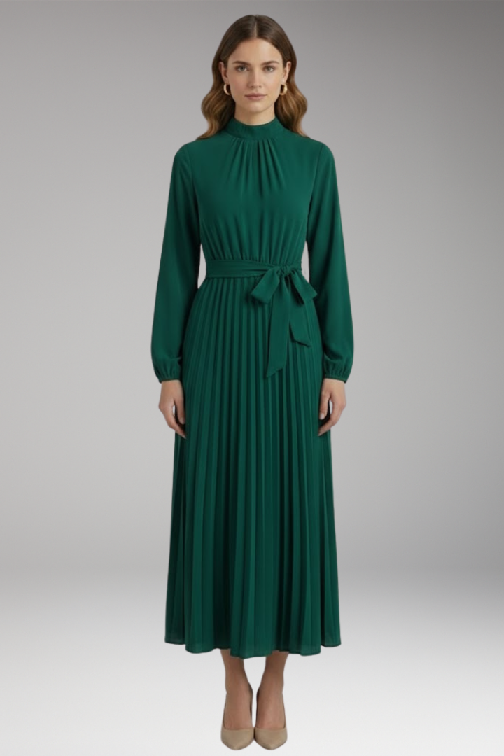 Women's Solid-Colored Dress with Stand-Up Collar and Pleated Belt