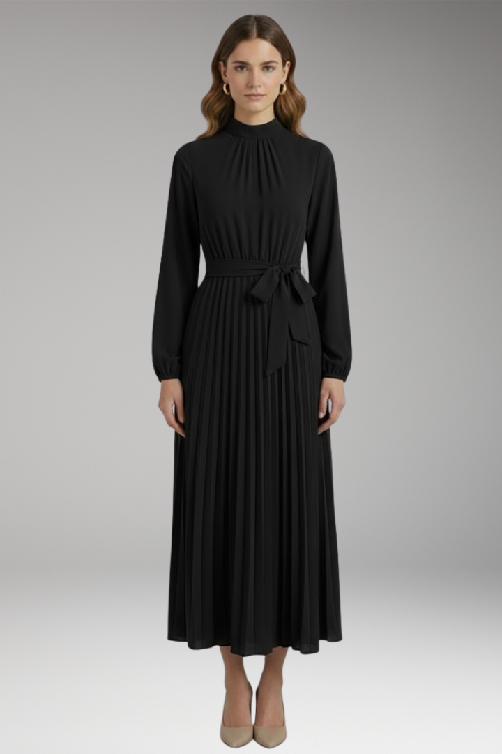 Women's Solid-Colored Dress with Stand-Up Collar and Pleated Belt