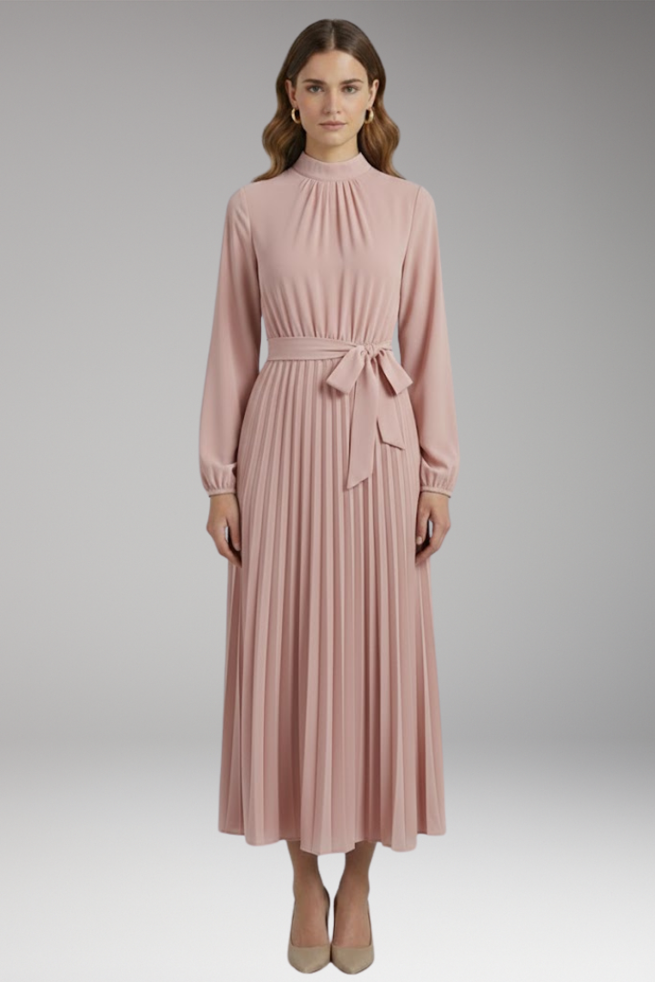 Women's Solid-Colored Dress with Stand-Up Collar and Pleated Belt