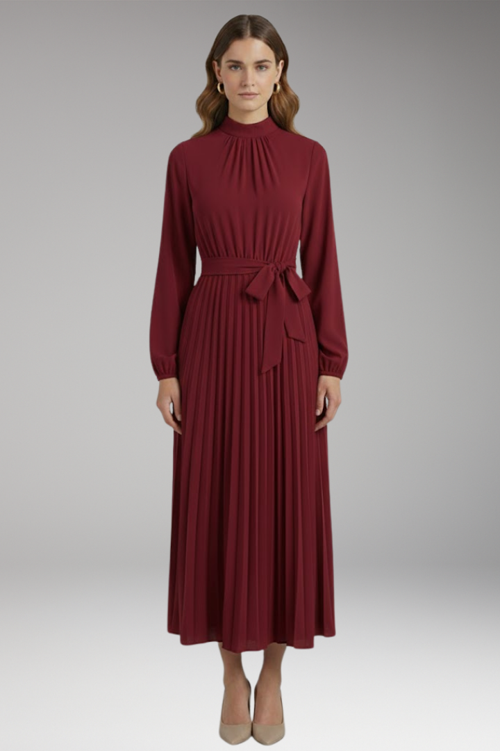 Women's Solid-Colored Dress with Stand-Up Collar and Pleated Belt