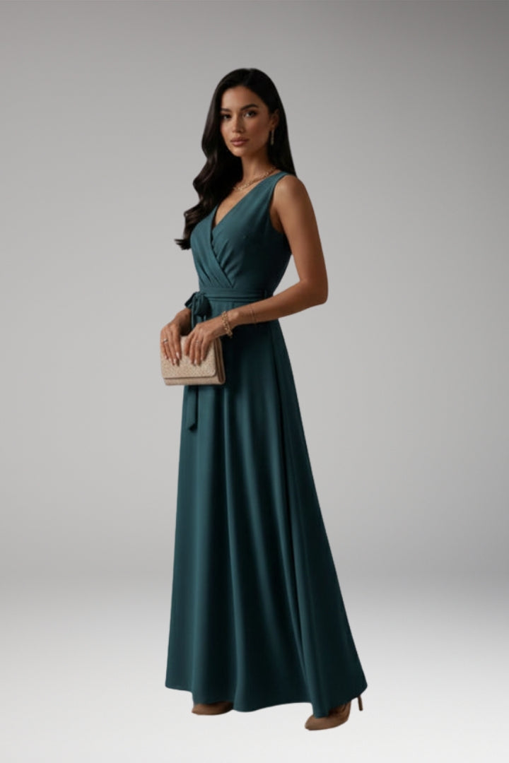 Women's Solid Color V-Neck Long Dress with Elegant Silhouette